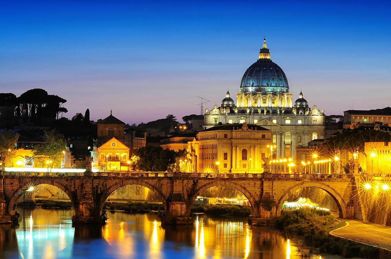 Мосты Италия St. Peter s Basilica St. Angelo Rome Ночь Фонари Города