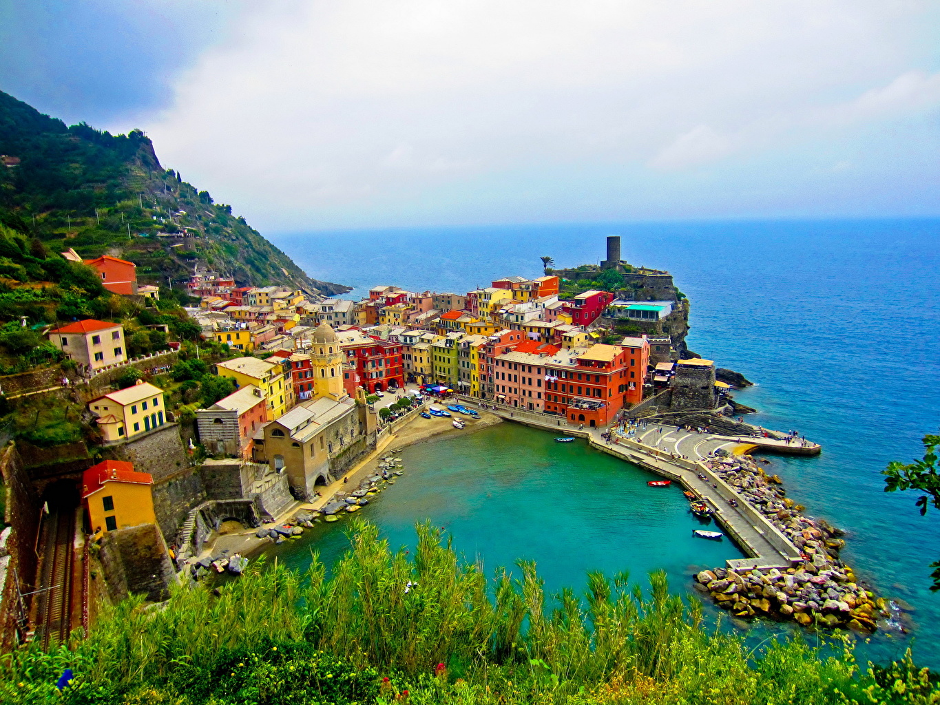 Италия Побережье Дома Cinque Terre Сверху Города