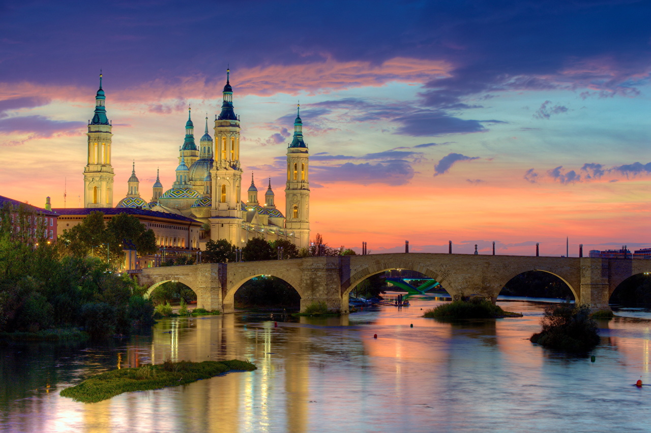 Испания Мосты Реки Рассветы и закаты Zaragoza Города