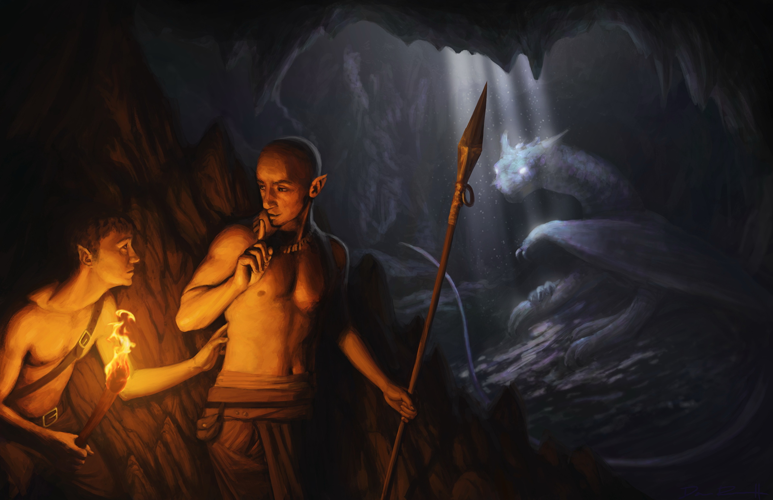 Человек с факелом в пещере арт