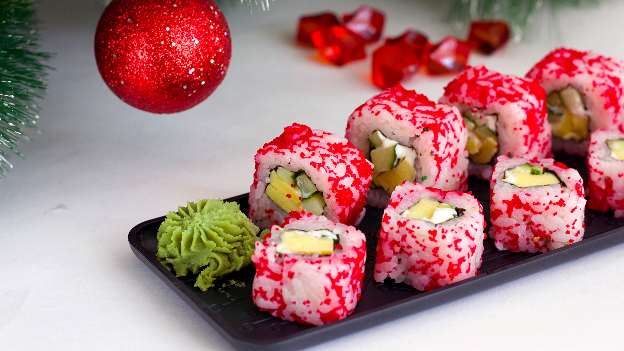 Новый год Суши Рис Шарики Еда фото 2048x1152 Пища, Продукты питания, Рождес...
