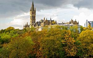 Фотографии Осенние Шотландия Башни Дерево University Glasgow Города