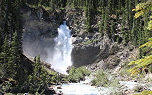 Картинки Канада Реки Водопады Камень Лес Скала River Kicking Horse, British Columbia, Yoho National Park