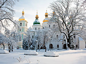 Фотографии Храмы Зимние Украина Киев Собор Снеге Saint Sophia's Cathedral