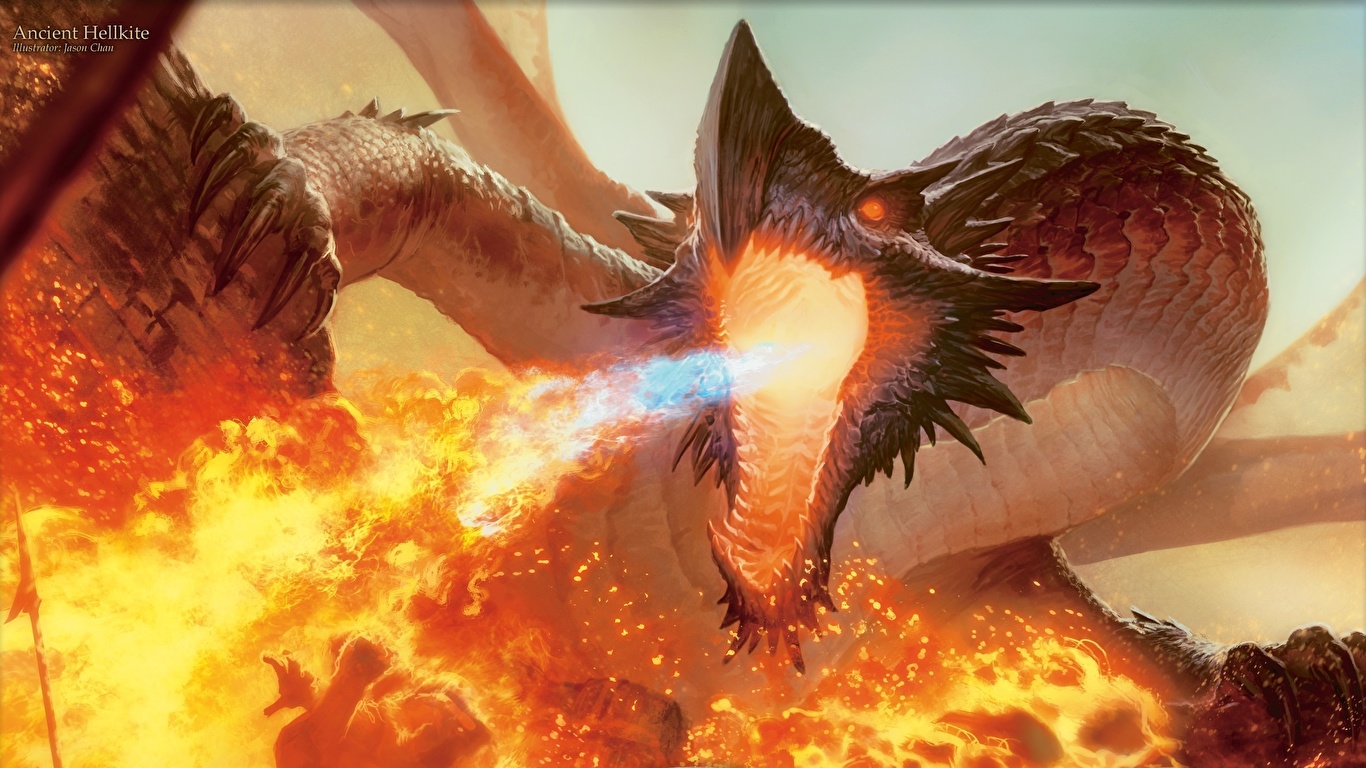 Картинки Драконы извергает пламя Фэнтези 1366x768 дракон Фантастика