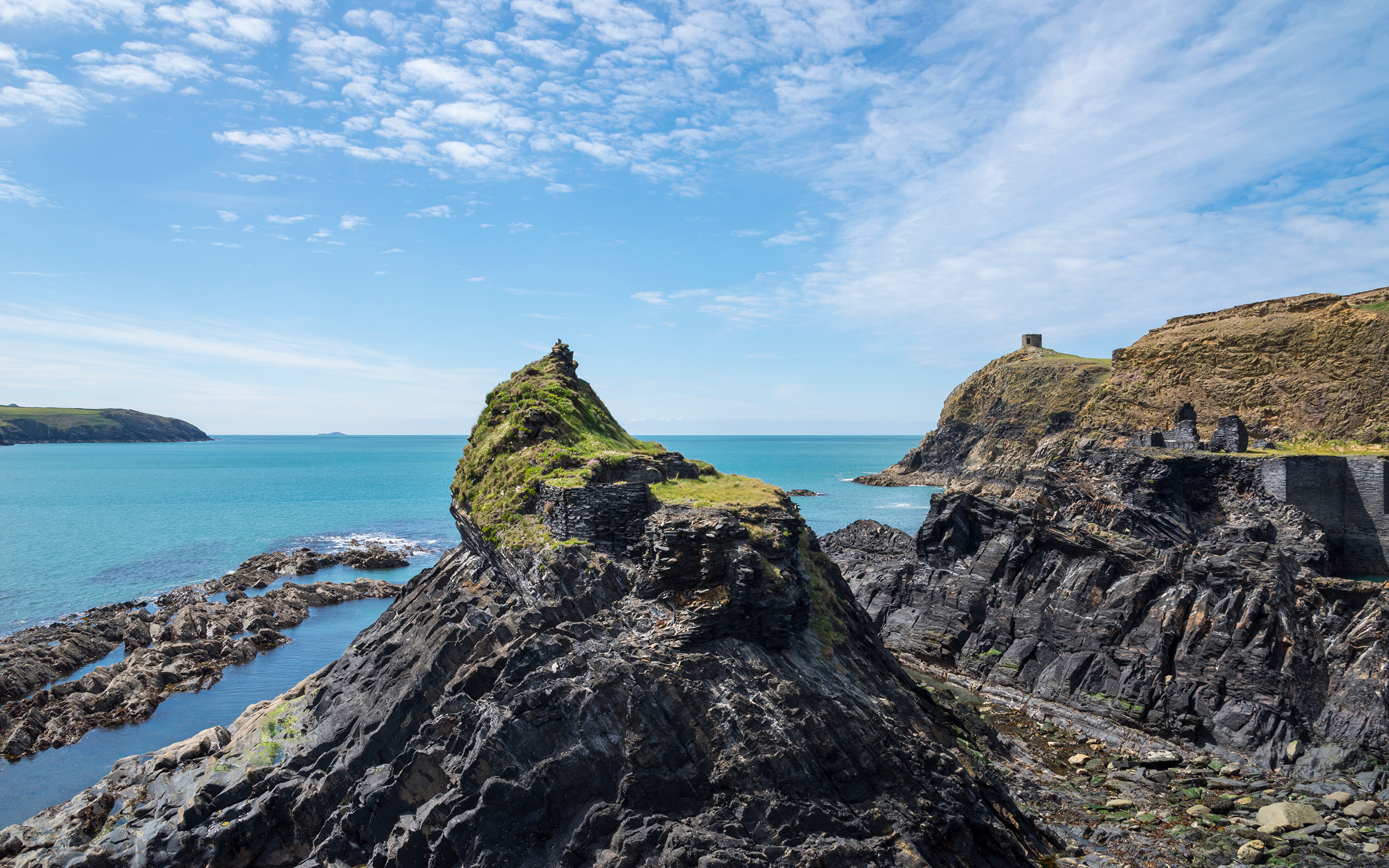 Картинки Англия Abereiddy Море Скала Природа берег 3840x2400 Утес скале скалы Побережье