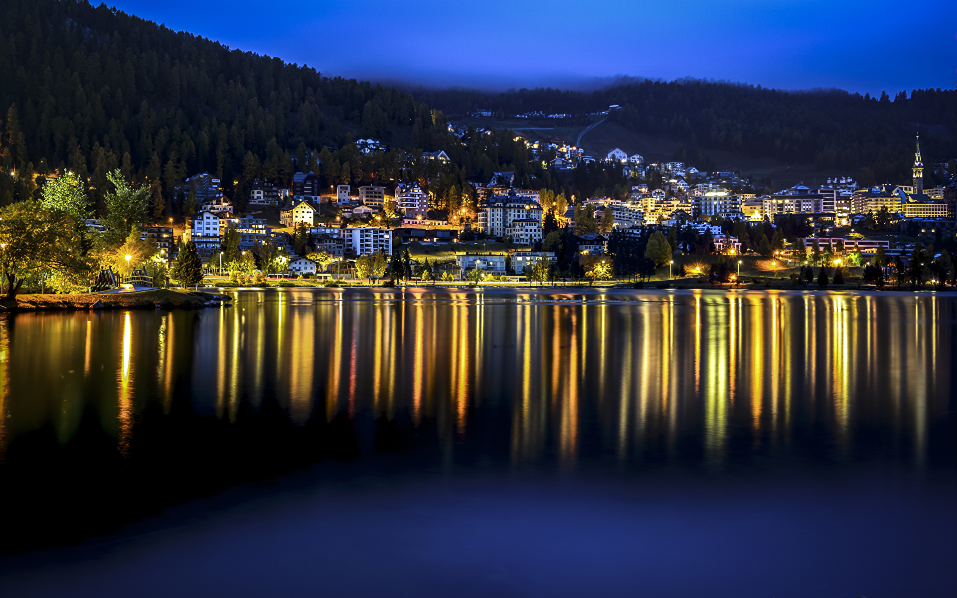 Фото Швейцария St. Moritz Озеро Ночные Здания Города 1920x1200 Ночь ночью в ночи Дома город