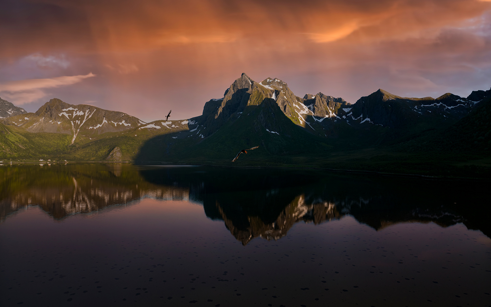 Фотографии Лофотенские острова Норвегия Morfjord гора Природа Отражение 1920x1200 Горы отражении отражается
