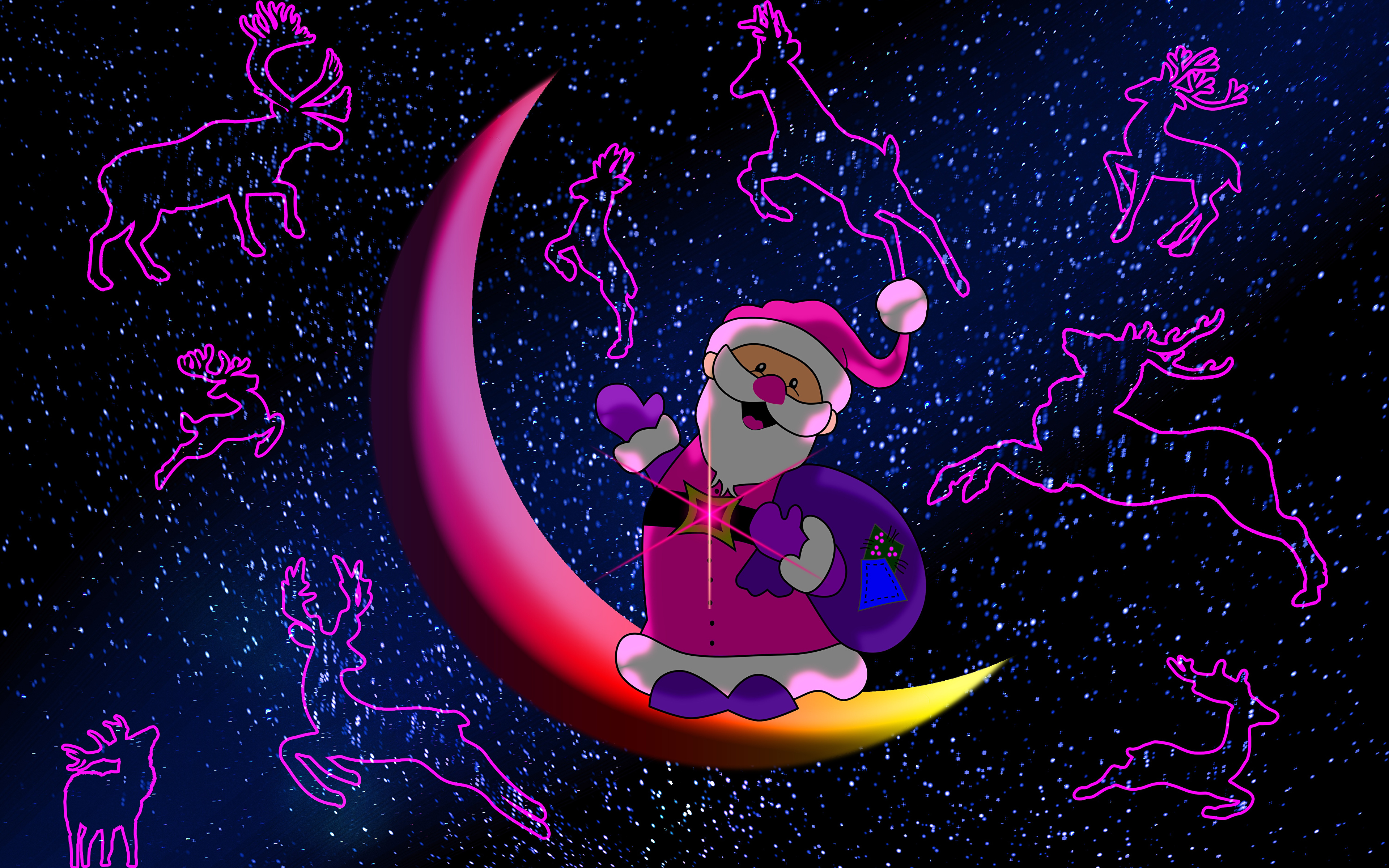 Фотография Олени Рождество Дед Мороз лунный серп 3840x2400 Новый год Санта-Клаус Полумесяц
