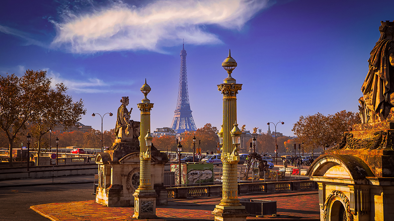 Картинки Париж Эйфелева башня Франция город 1366x768 париже Города