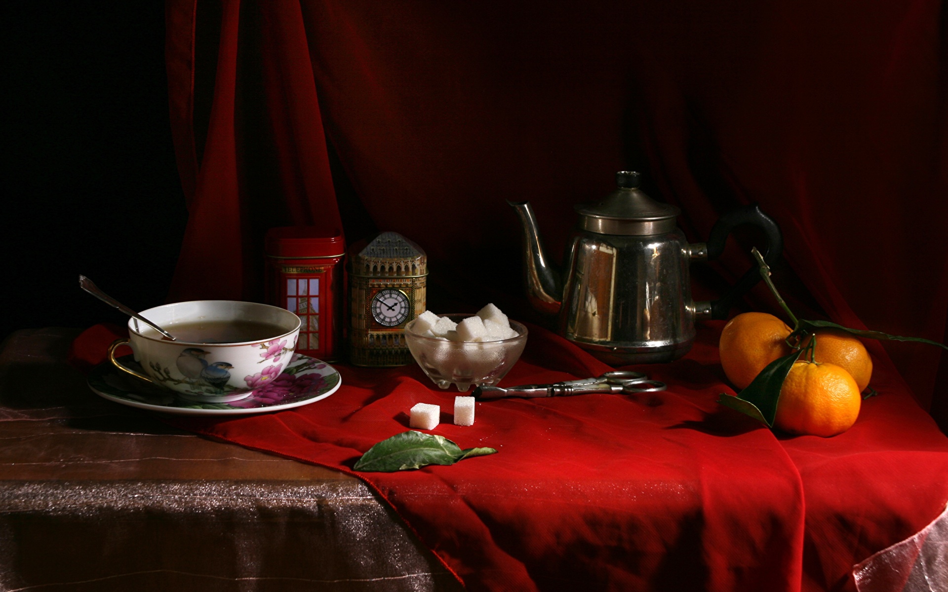 Картинки Сахар Мандарины Чайник Еда Чашка Натюрморт 1920x1200 сахара Пища чашке Продукты питания