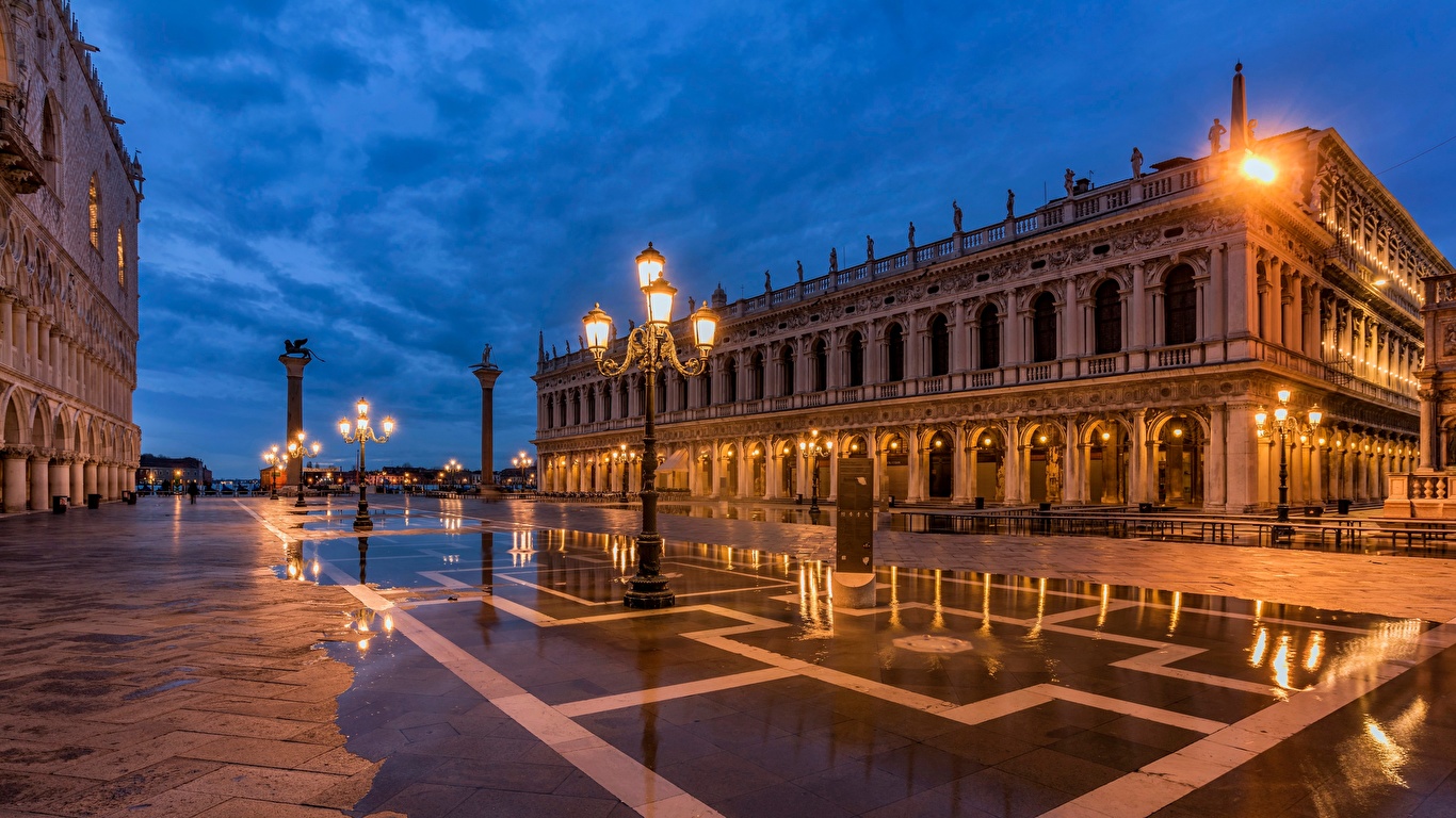 Фотография Венеция Италия Городская площадь Вечер Уличные фонари город 1366x768 городской площади Города