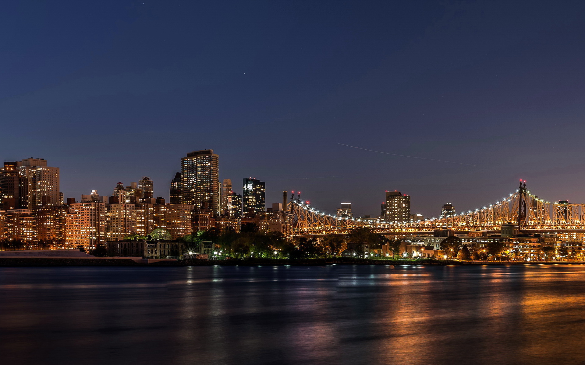 страны архитектура Бруклинский мост река ночь США Нью-Йорк бесплатно