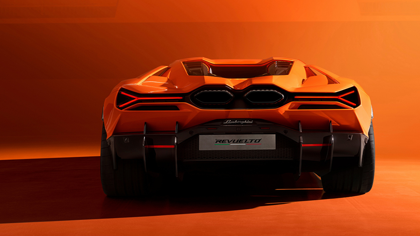 Фото Ламборгини Revuelto (LB744), 2023 оранжевая авто Сзади Металлик 1366x768 Lamborghini Оранжевый оранжевые оранжевых машины машина вид сзади Автомобили автомобиль