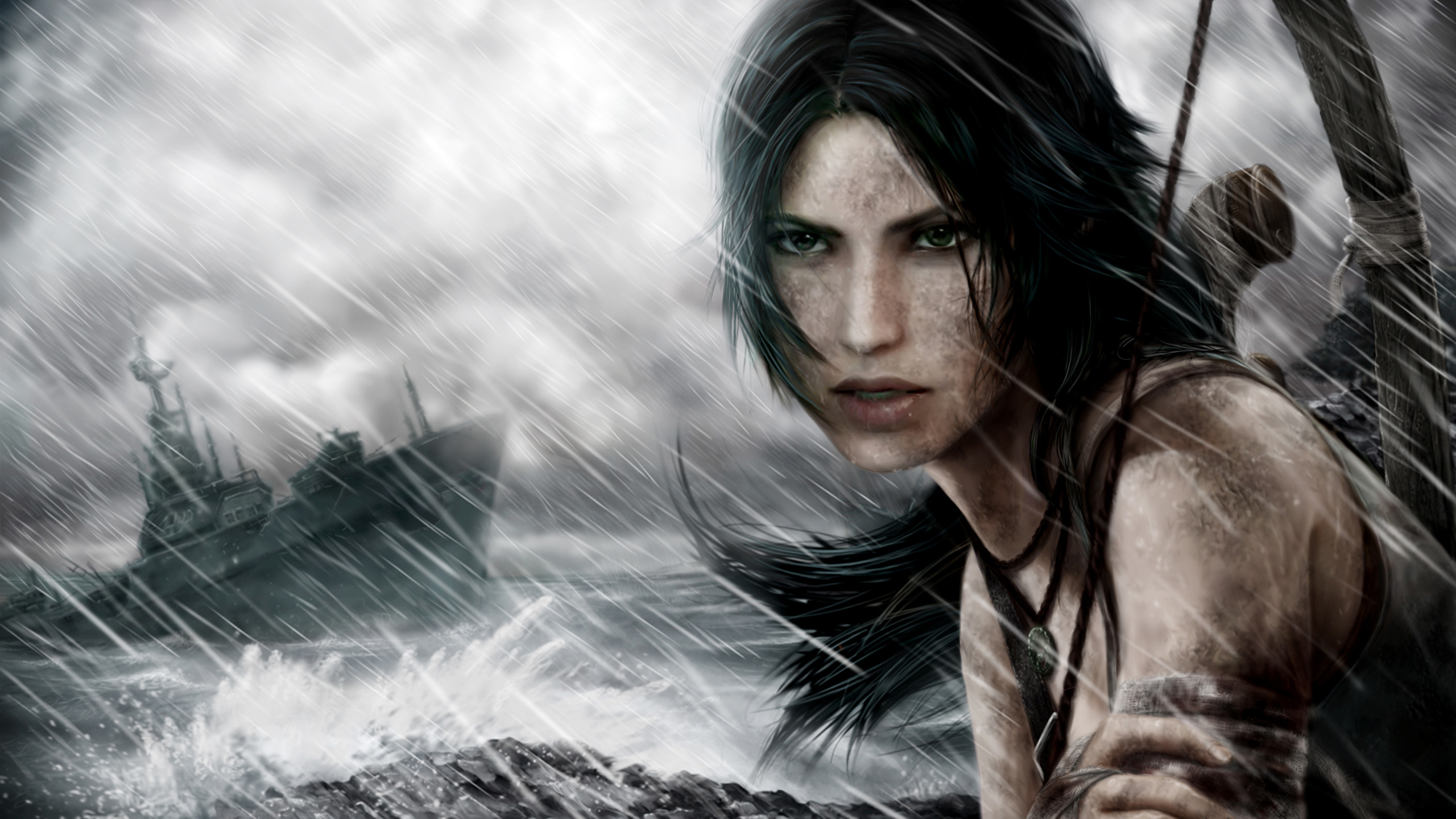 Фото Tomb Raider Tomb Raider 2013 Девушки Игры Дождь 2560x1440 девушка молодая женщина молодые женщины компьютерная игра