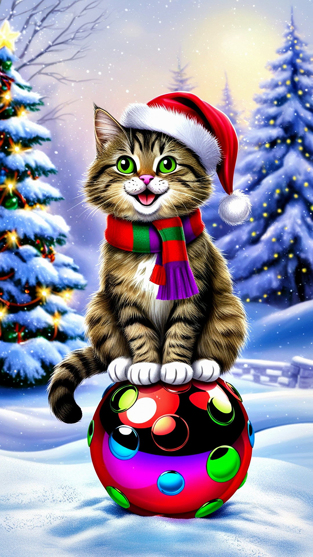 Картинка Котята Кошки Новый год Зима в шапке снега Шар животное Рисованные 1080x1920 для мобильного телефона котят котенок котенка кот коты кошка Рождество Шапки шапка зимние Снег снегу снеге Шарики Животные