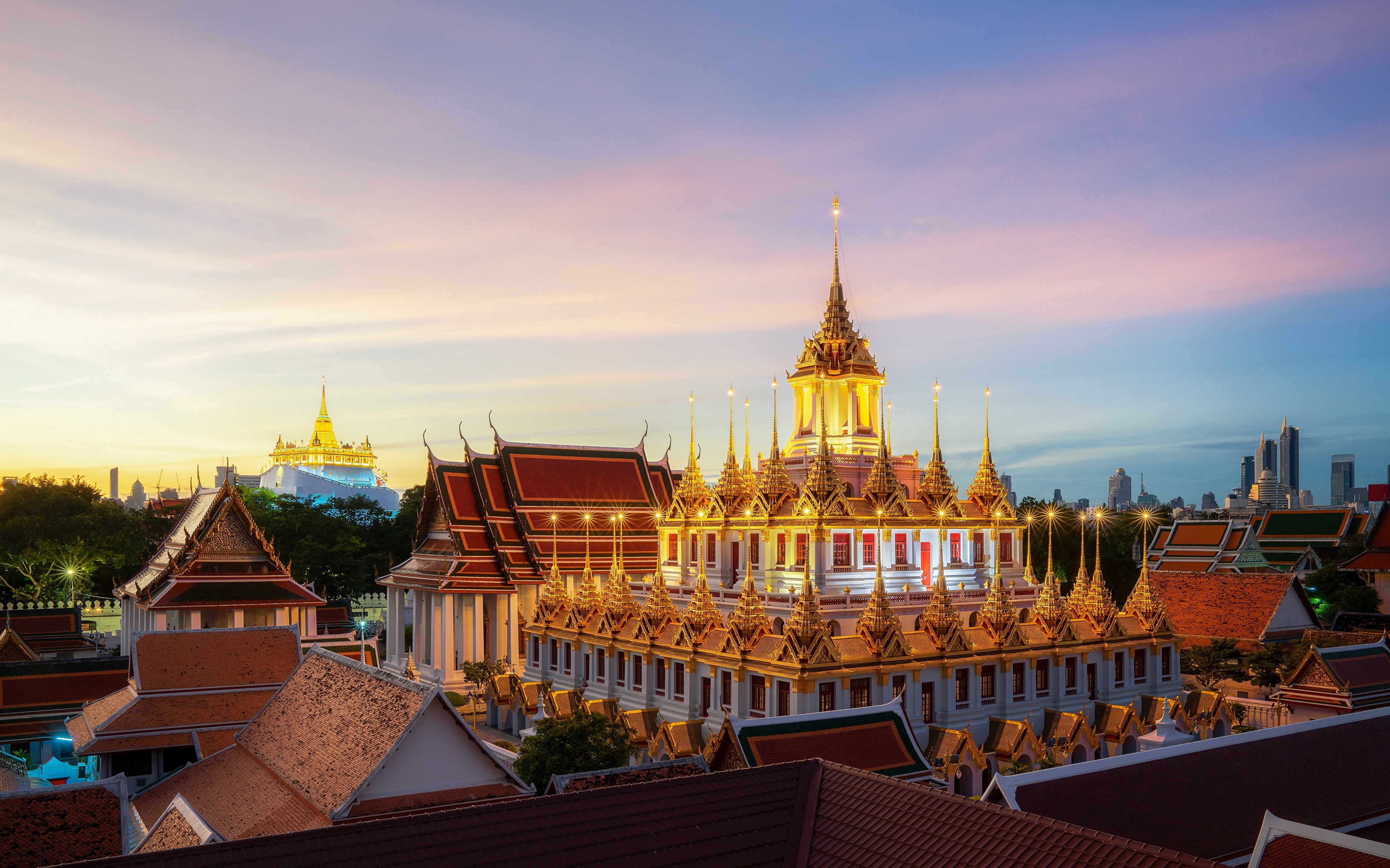 Картинки Бангкок Таиланд Wat Ratchanatdaram, Loha Prasat Храмы Вечер Города 3840x2400 храм город