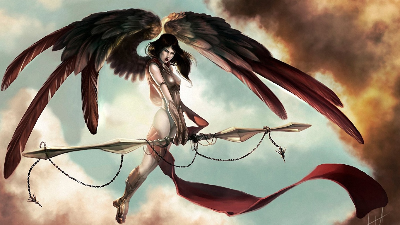 Картинки Крылья Фантастика молодая женщина Ангелы летят 1366x768 Фэнтези девушка Девушки молодые женщины ангел Полет летит летящий