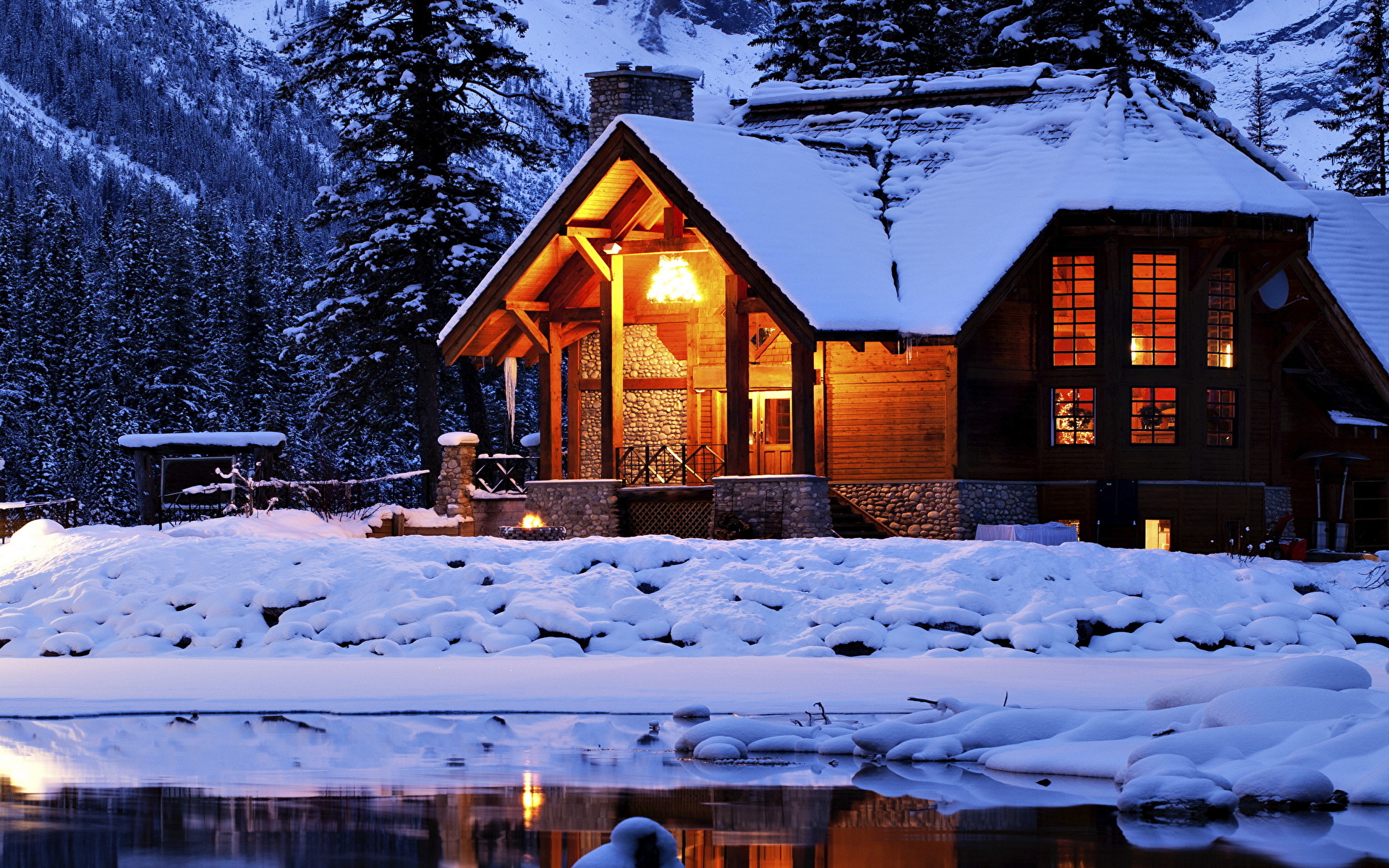Фото Зима Природа Озеро снегу Здания 1920x1200 зимние Снег снега снеге Дома