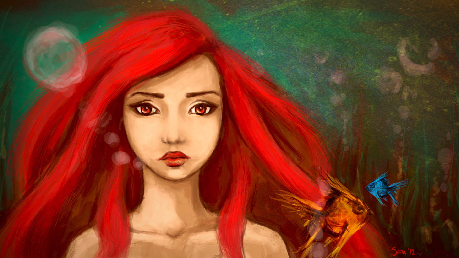 Картинки русалка Подводный мир Рыжая Волосы Фантастика 1920x1080 Русалки рыжие рыжих волос Фэнтези