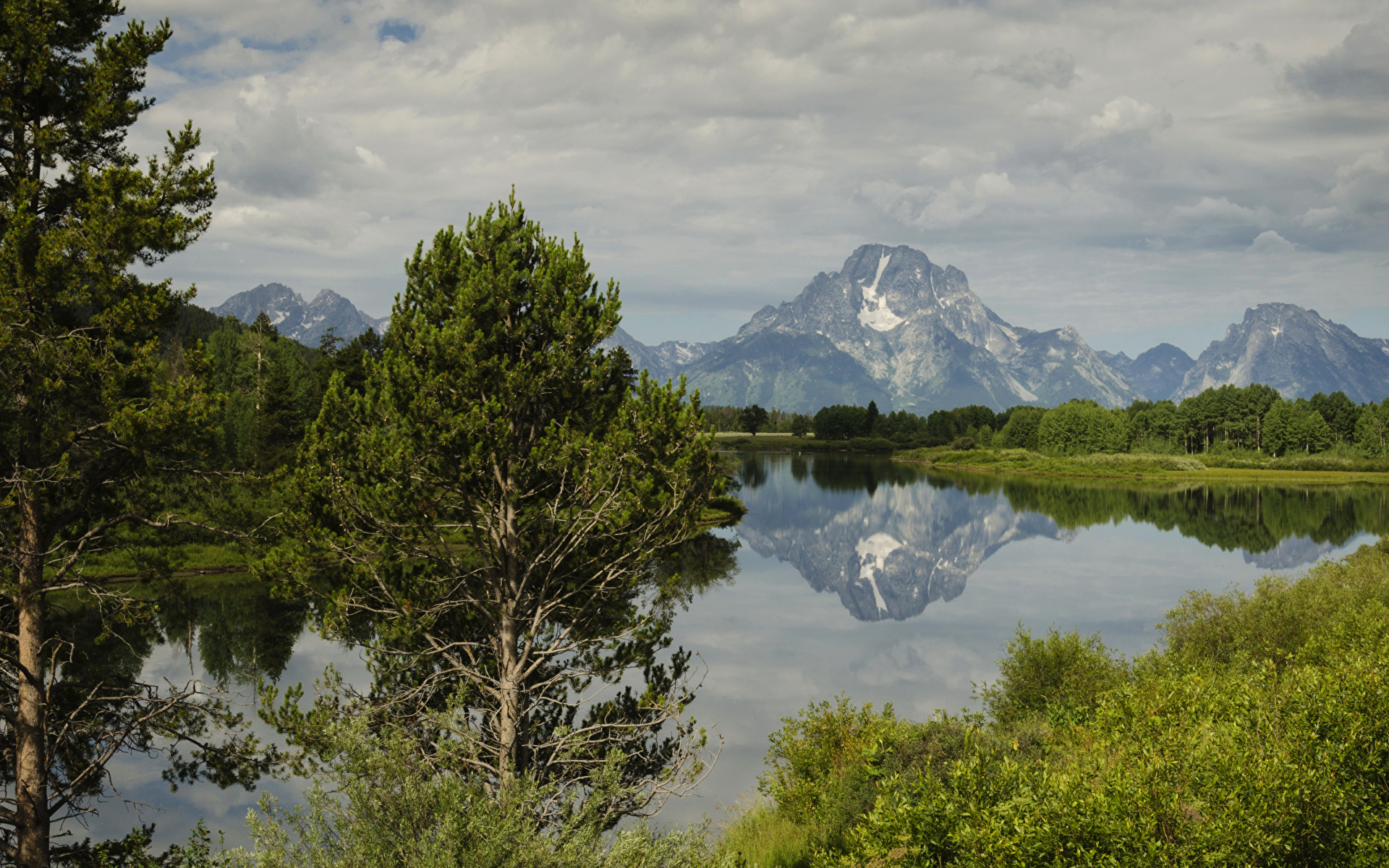 Фотография штаты Moran Wyoming Горы Природа Небо Озеро Пейзаж дерева 1920x1200 США америка гора дерево Деревья деревьев