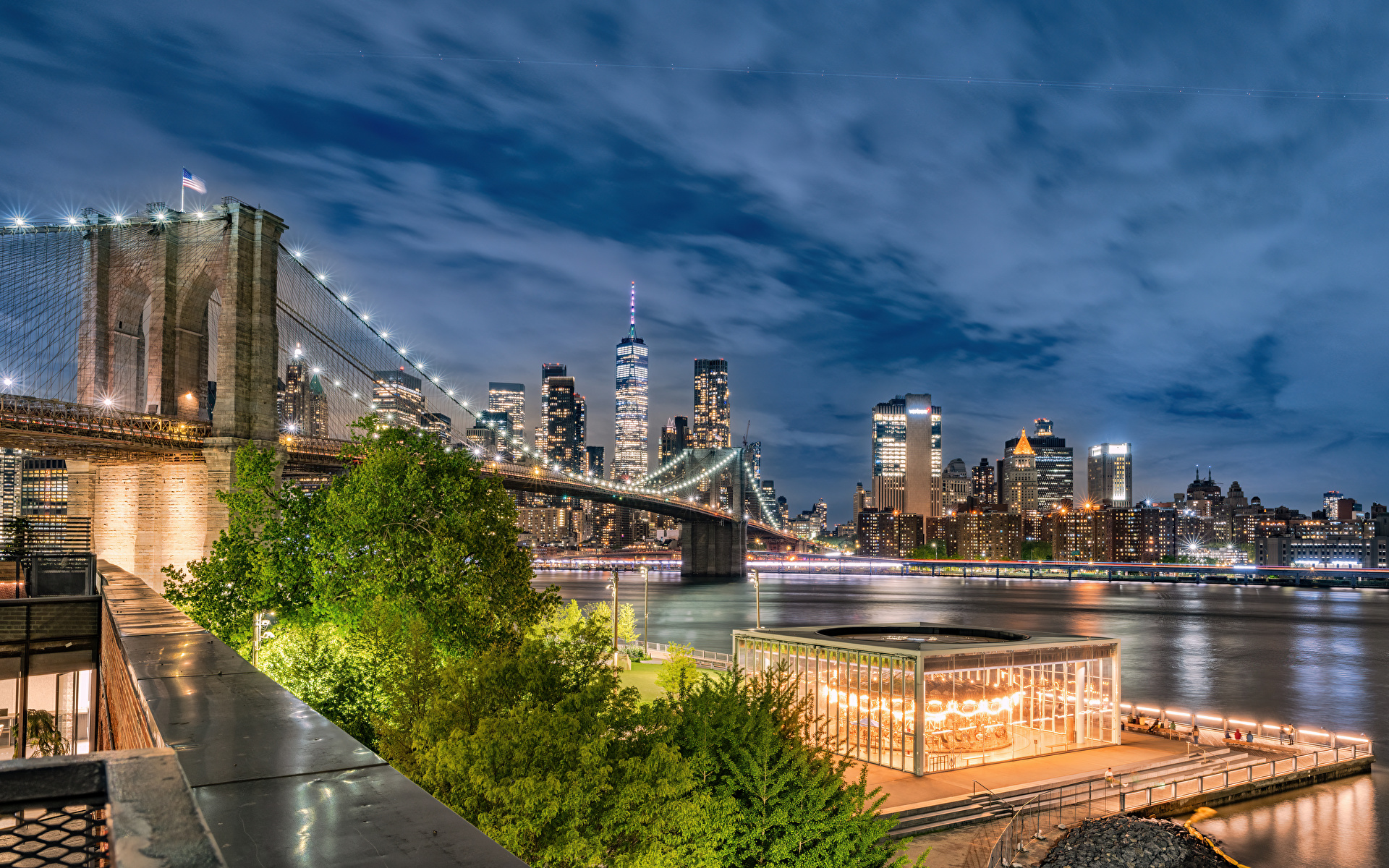 Картинка Нью-Йорк штаты HDRI Мосты ночью город Здания 1920x1200 США америка HDR мост Ночь в ночи Ночные Дома Города