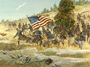 Картинки Картина Солдаты Война США Флаг H. Charles McBarron, The Battle of Gettysburg, Twentieth Maine,  Pennsylvania, July 2, 1863,