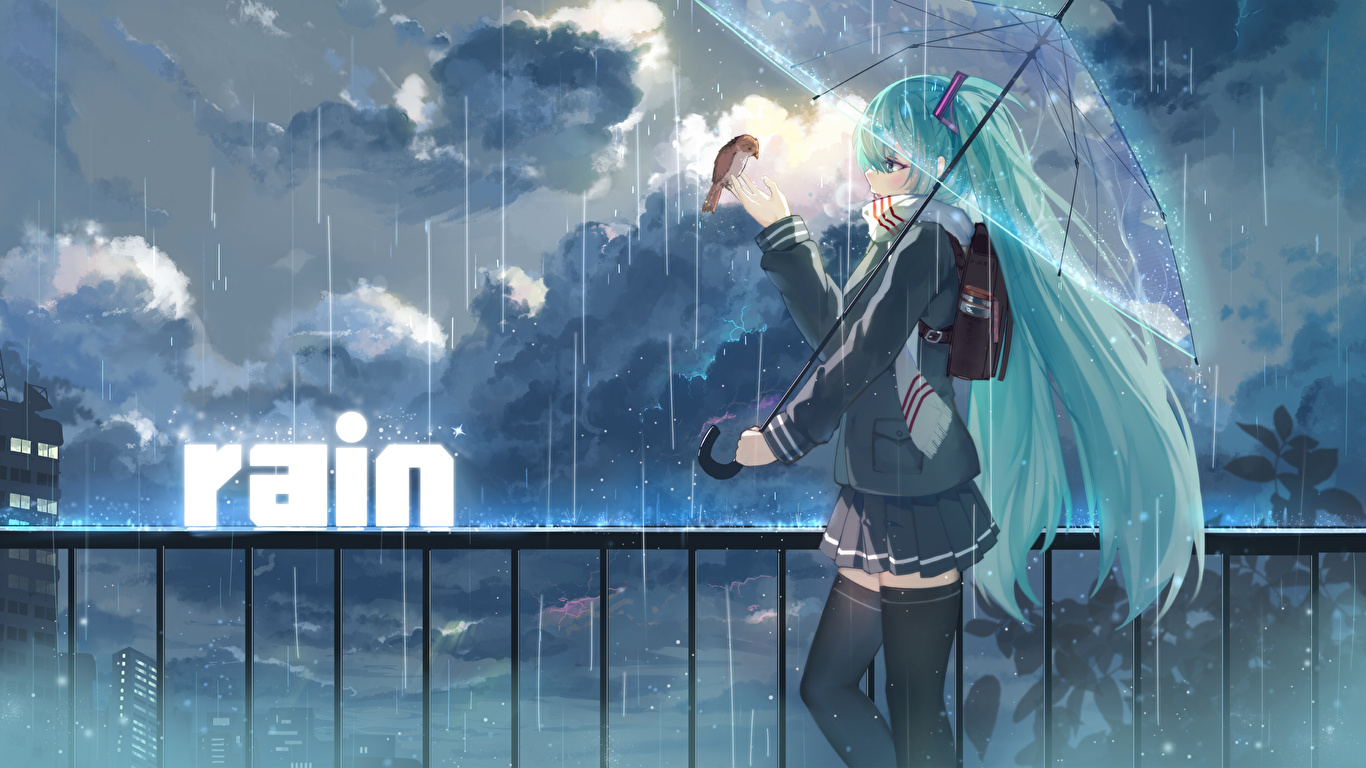 Обои для рабочего стола Вокалоид Hatsune Miku Аниме Дождь 1366x768