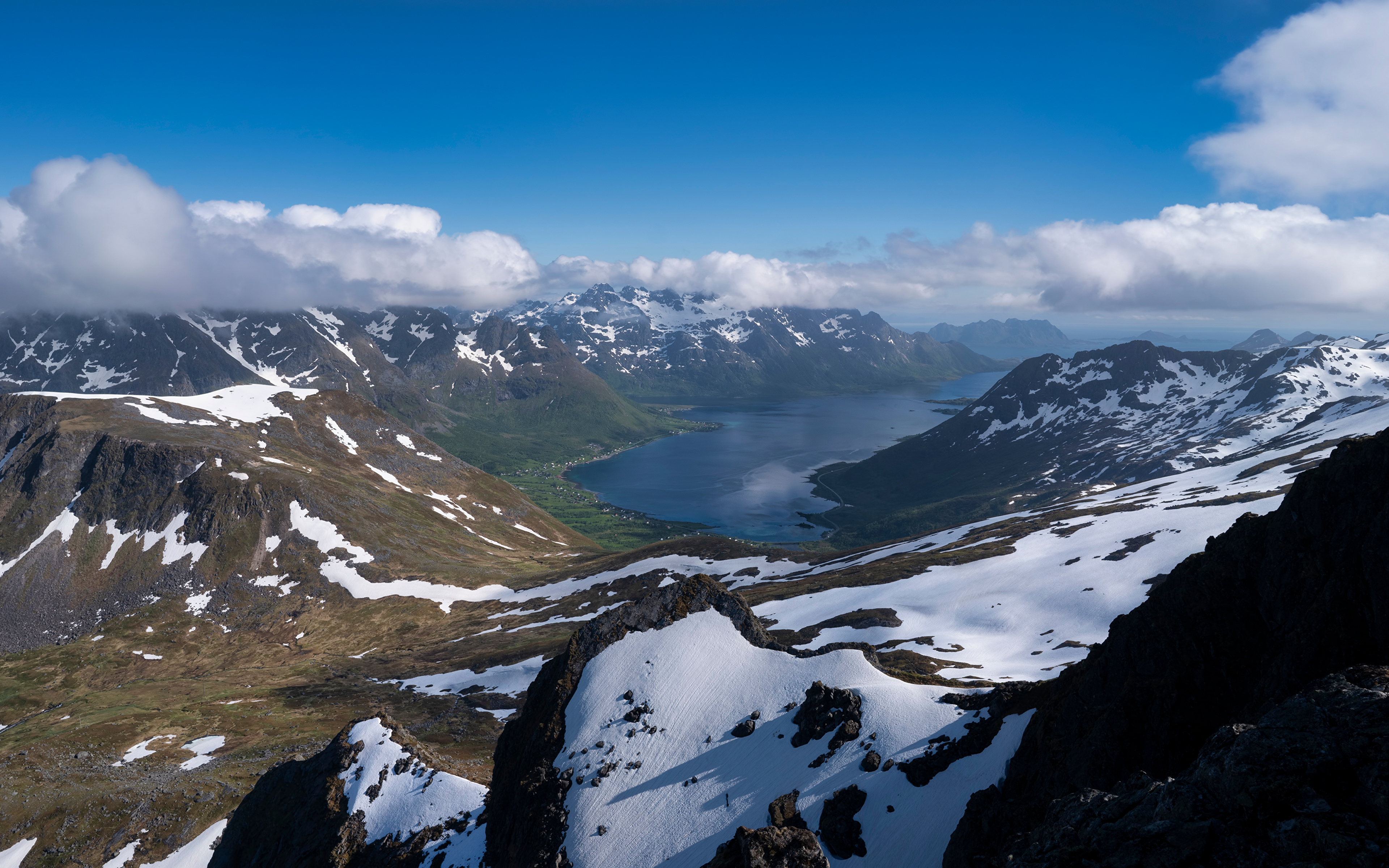 Фотография Лофотенские острова Норвегия Фьорд Горы Природа Сверху Облака 3840x2400 гора облако облачно