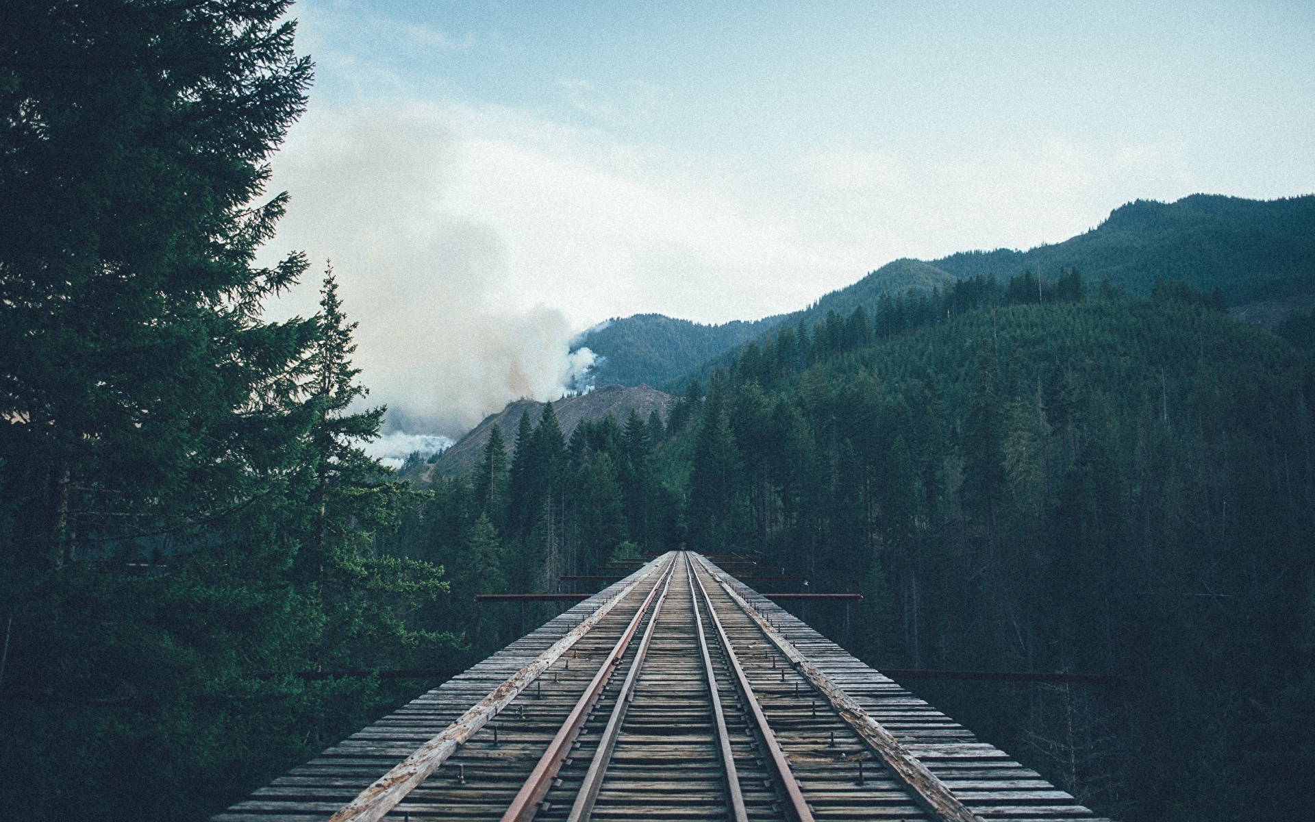 Фото мост гора Природа лес Железные дороги 1920x1200 Горы Мосты Леса