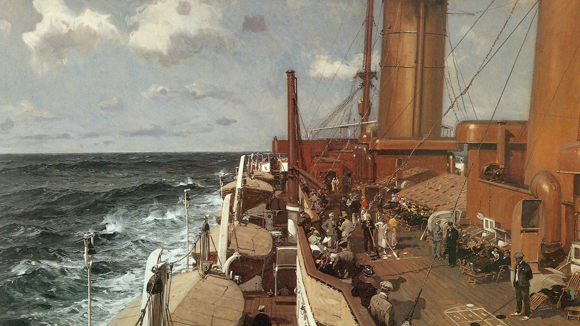 Фотография Claus Bergen Море корабль картина 1920x1080 Корабли Живопись
