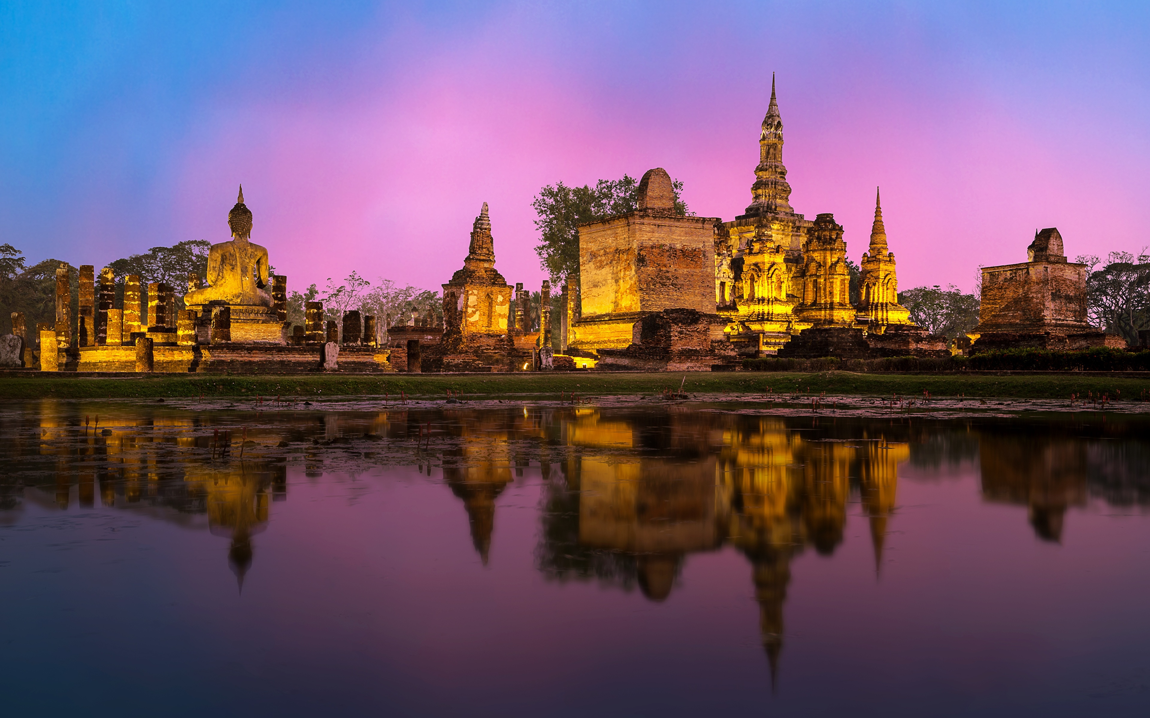 Фото Бангкок Phra Nakhon si Ayutthaya отражается Храмы Вечер город 3840x2400 отражении Отражение храм Города