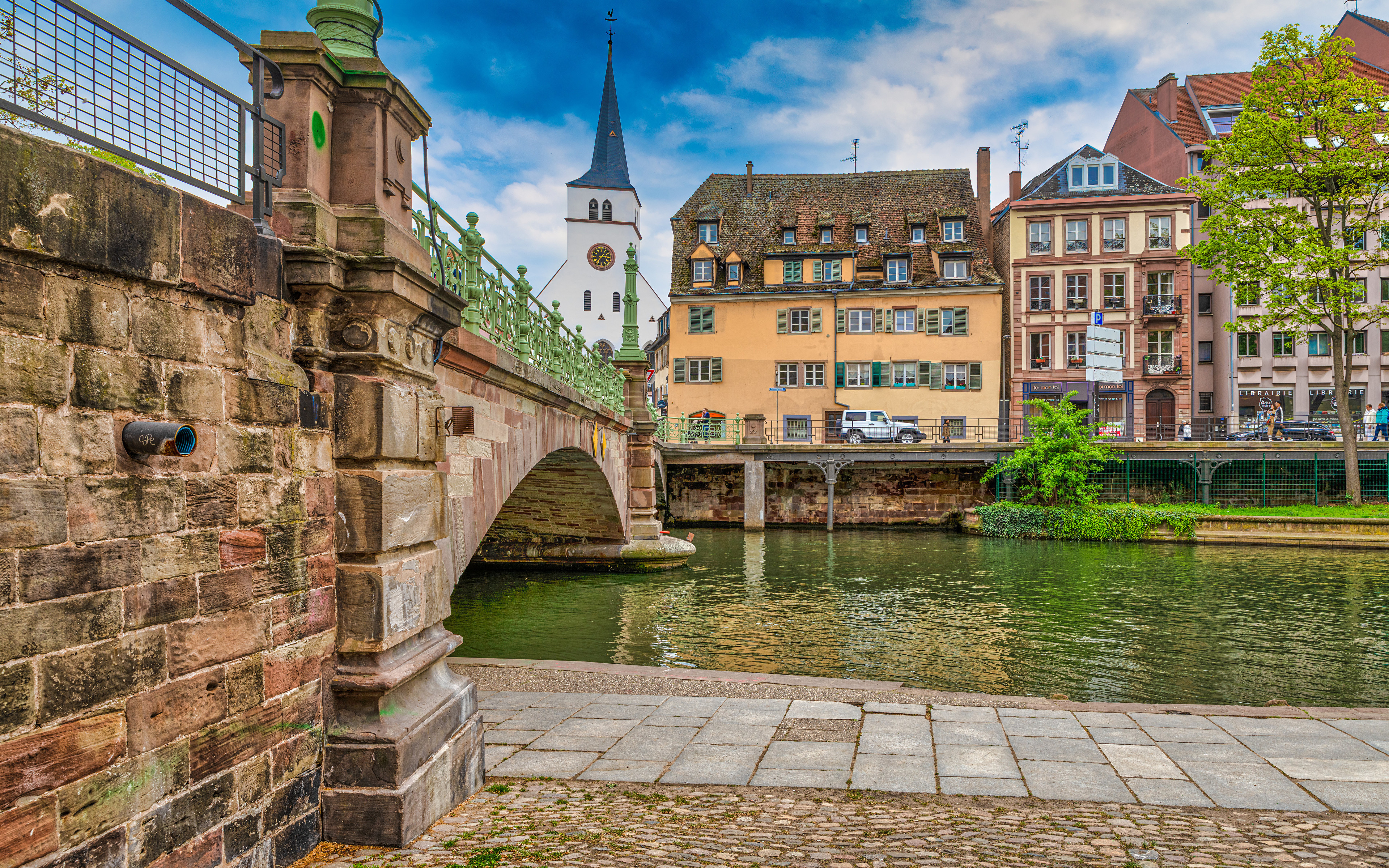 Картинки Страсбург Франция Мосты Водный канал Здания Города 3840x2400 мост Дома город