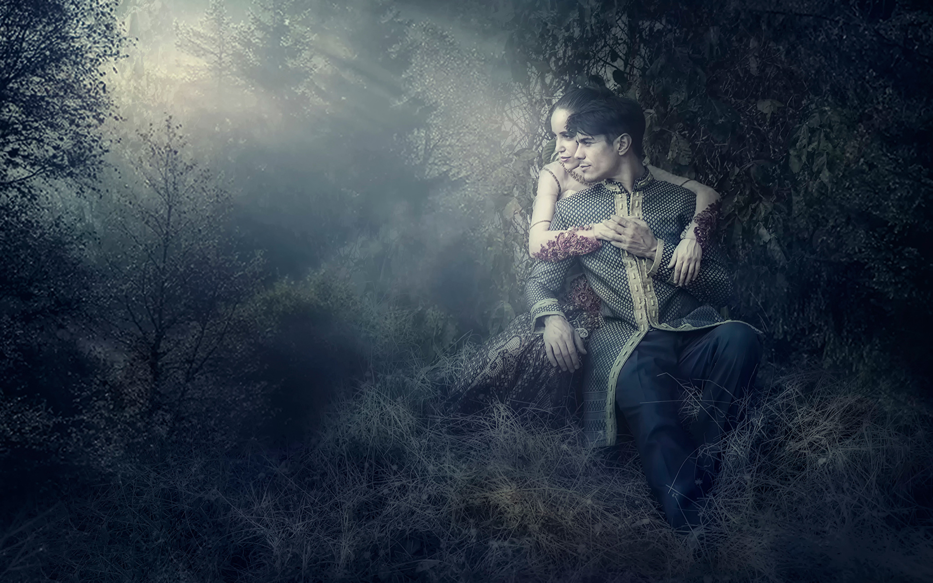 Фото Лучи света Мужчины Влюбленные пары девушка лес 1920x1200