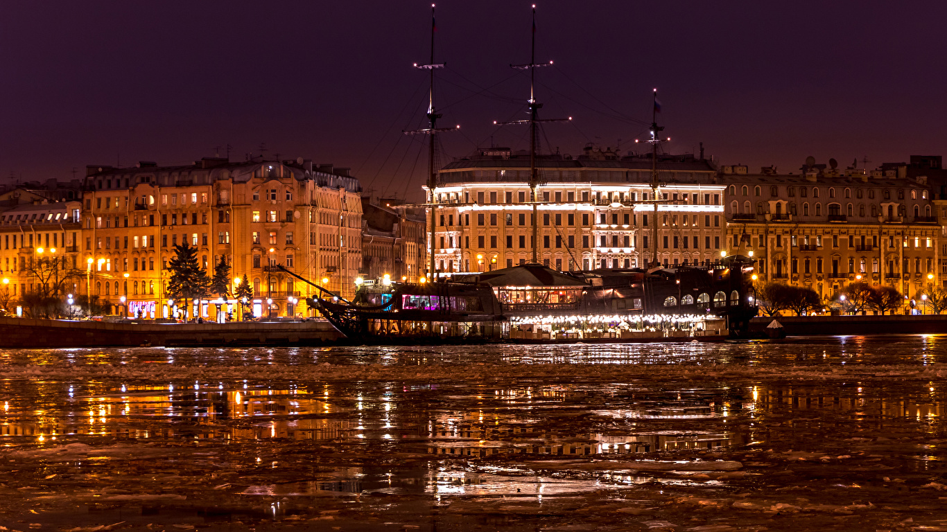 Фото Санкт-Петербург Россия Зима Водный канал ночью Причалы 1366x768