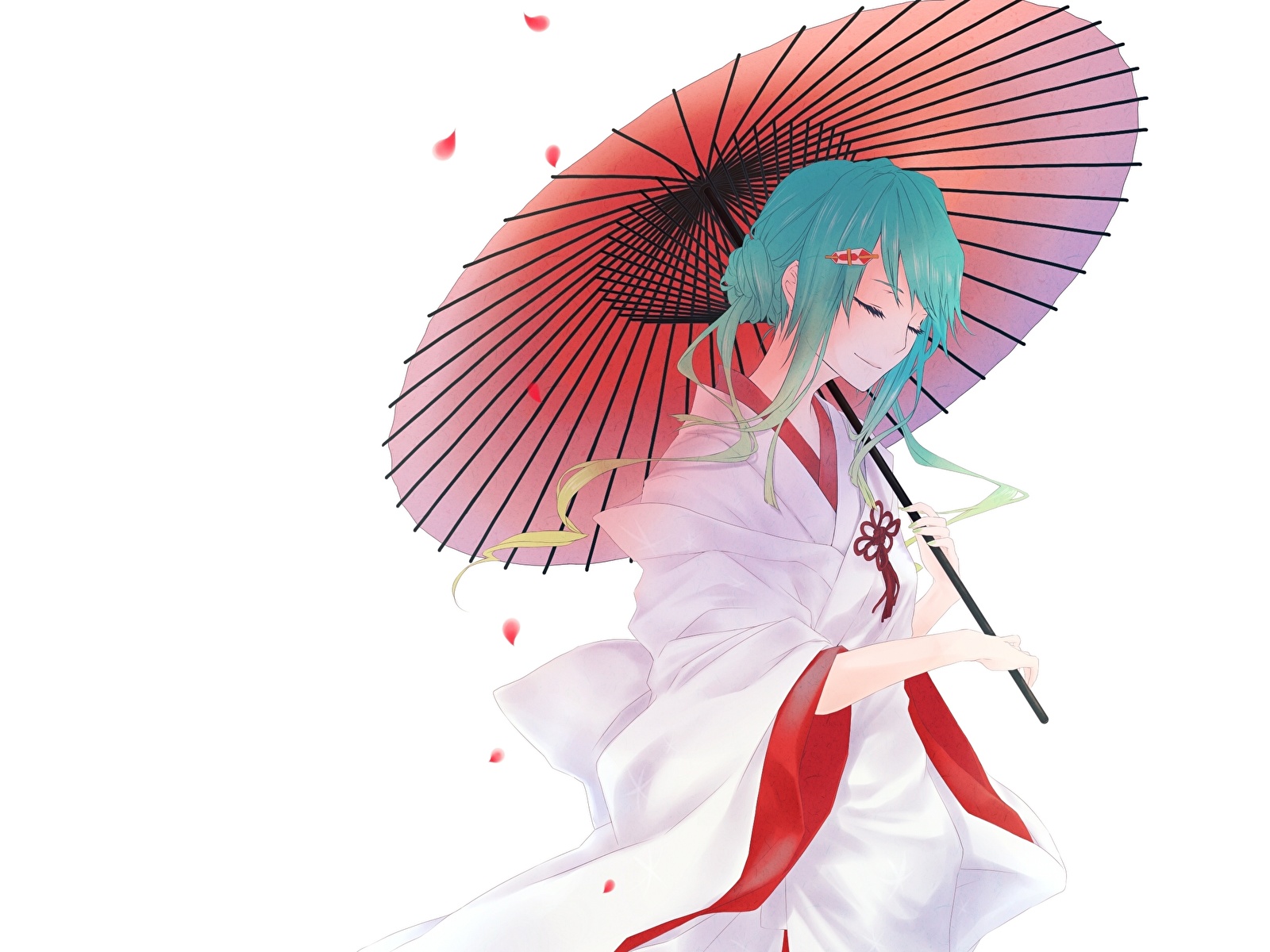 Фотографии Вокалоид Кимоно Аниме Девушки зонтом 1600x1200 Vocaloid девушка молодая женщина молодые женщины Зонт зонтик