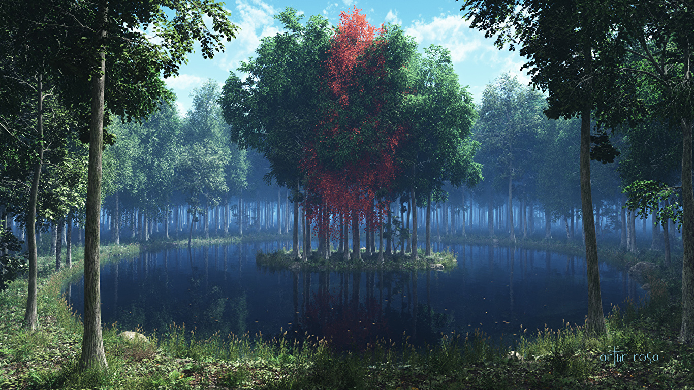 Фотографии Природа 3D Графика Леса Озеро Остров Деревья 1366x768 3д лес дерево дерева деревьев