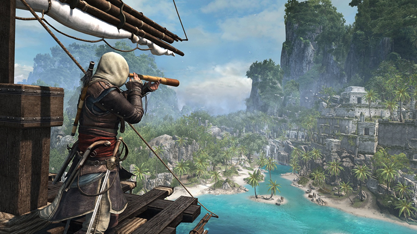 Картинка Assassin's Creed Assassin's Creed 4 Black Flag воин 3д Игры Тропики 1366x768 воины Воители 3D Графика тропический компьютерная игра