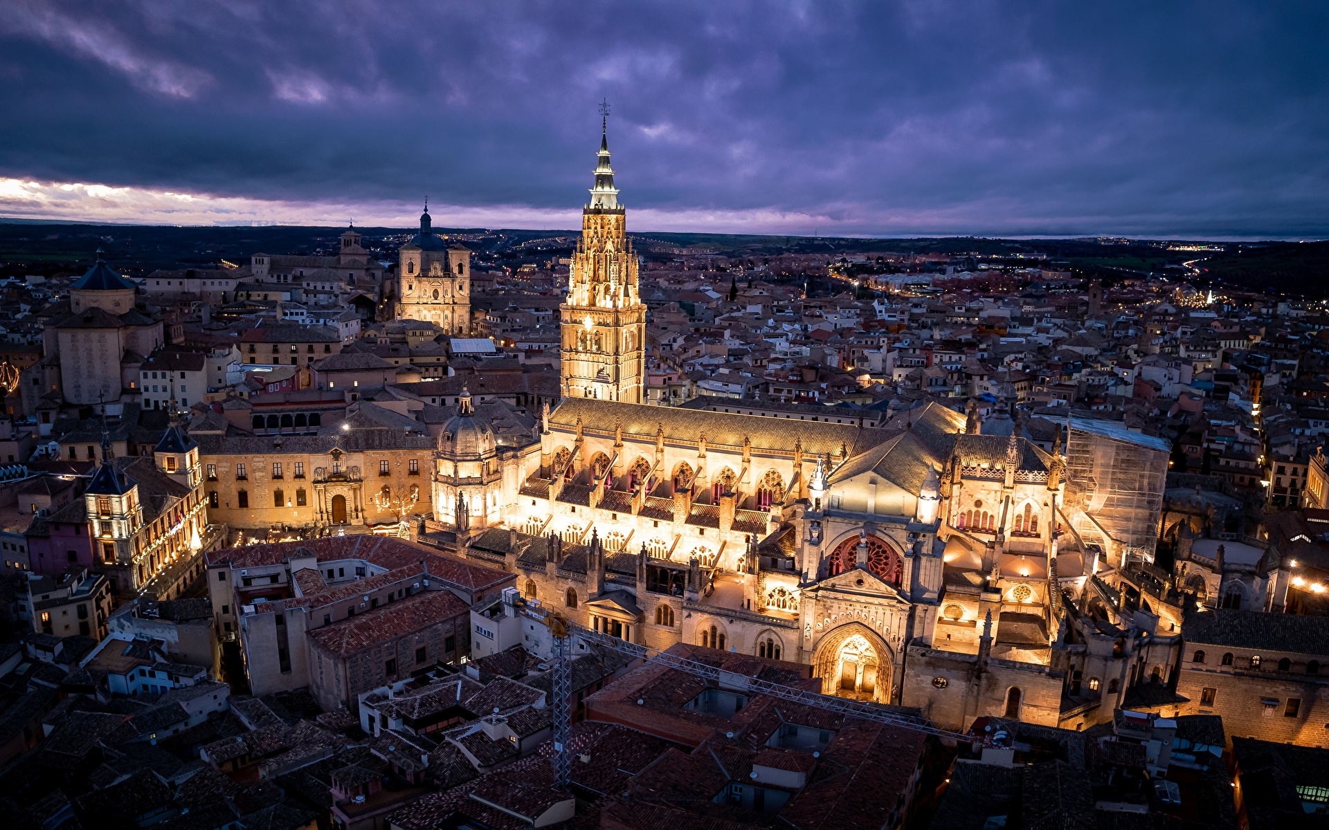 Картинки Собор Испания Памятники St. Mary's Cathedral, Toledo Вечер Сверху горизонта город 1920x1200 Горизонт Города