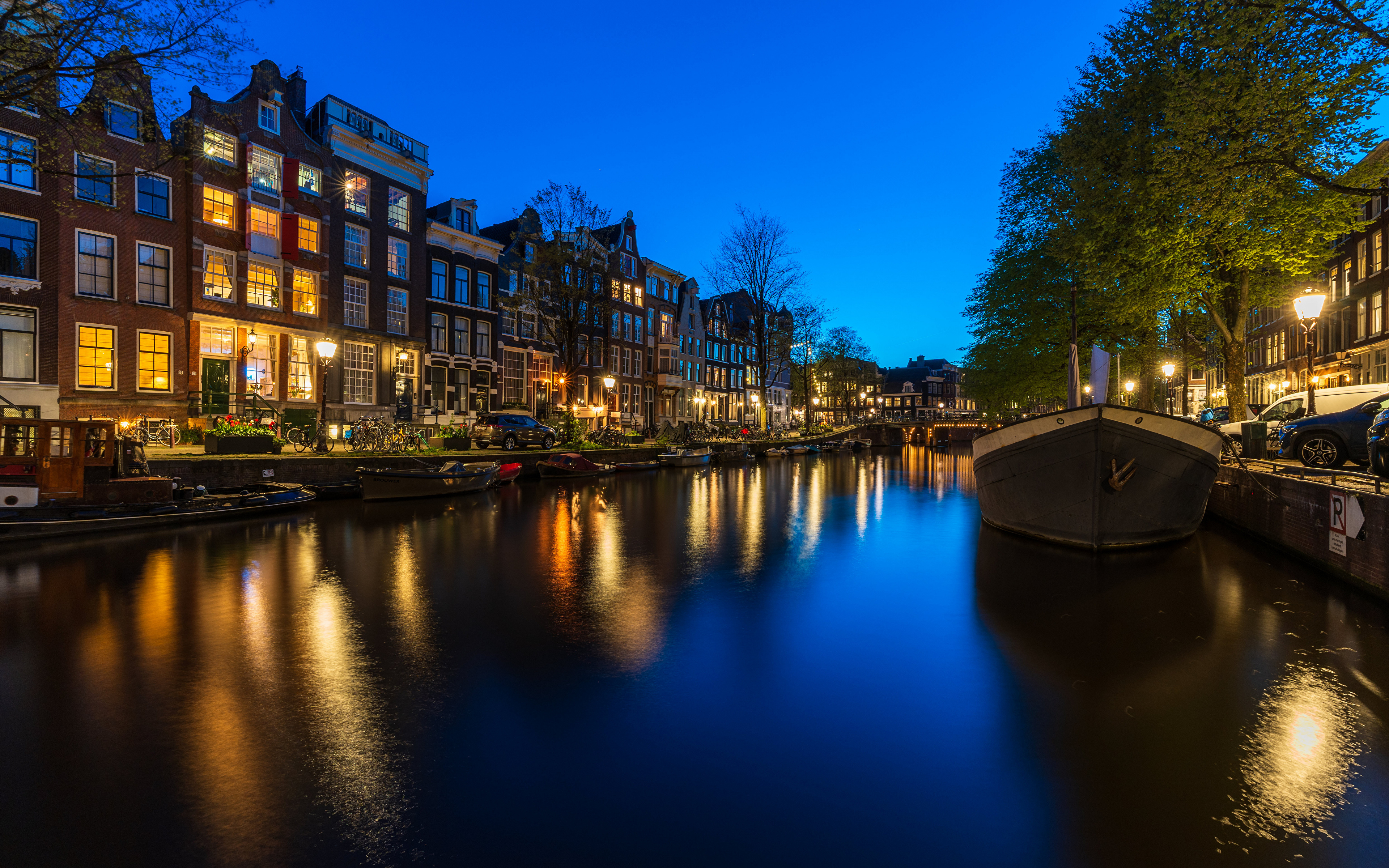 Фотография Амстердам Нидерланды Водный канал Лодки Дома Города 3840x2400 голландия город Здания