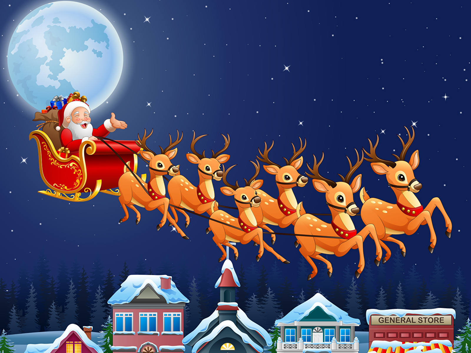 Обои для рабочего стола Олени Звезды Новый год Сани Санта-Клаус Небо Луна Полет Ночные Векторная графика 1600x1200 Рождество Санки санях санках Дед Мороз луны луной Ночь ночью летит летят в ночи летящий
