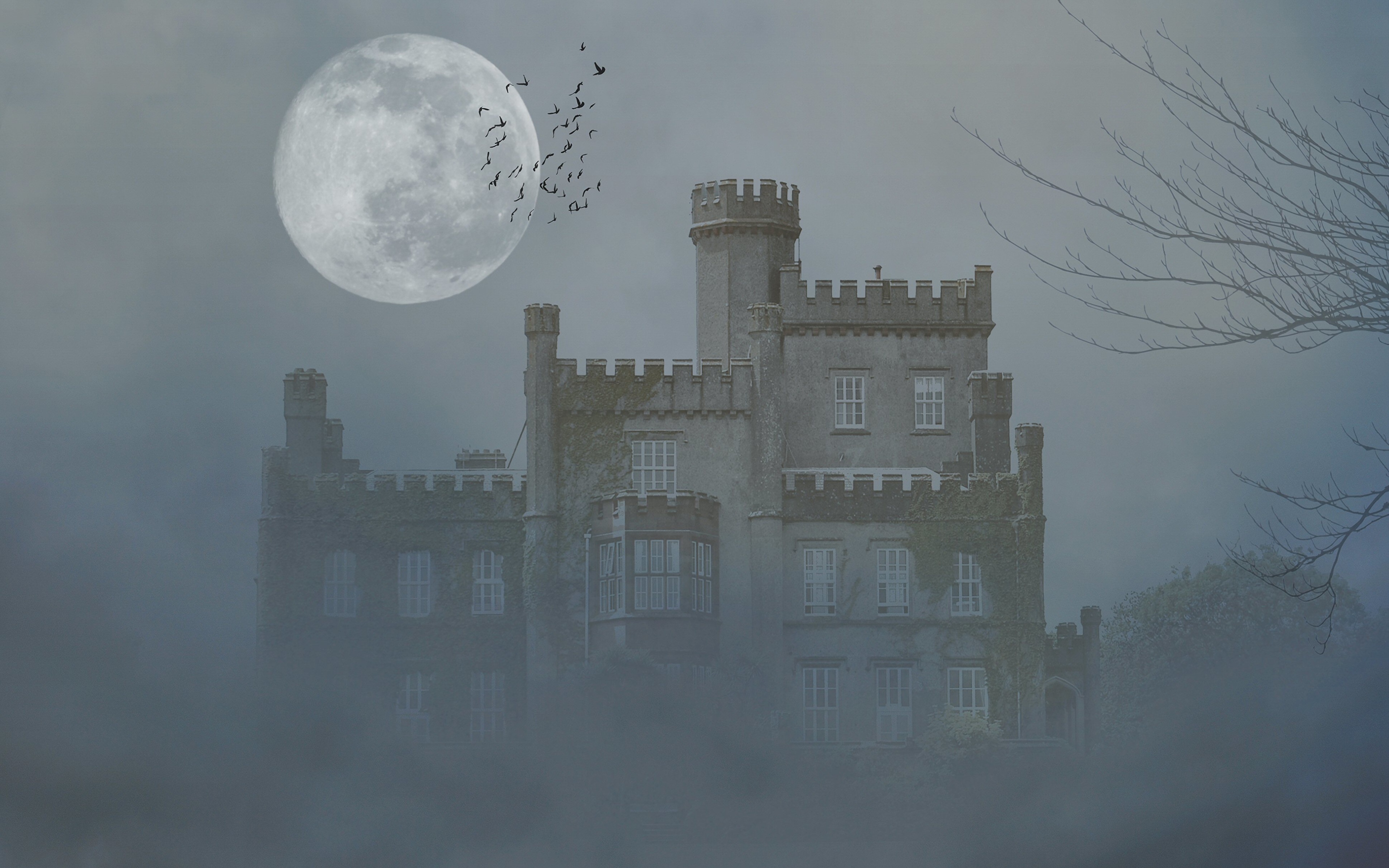 Картинка Готика Фэнтези Туман замок Фантастика луны 3840x2400 готические тумане тумана Замки Фэнтези Луна луной