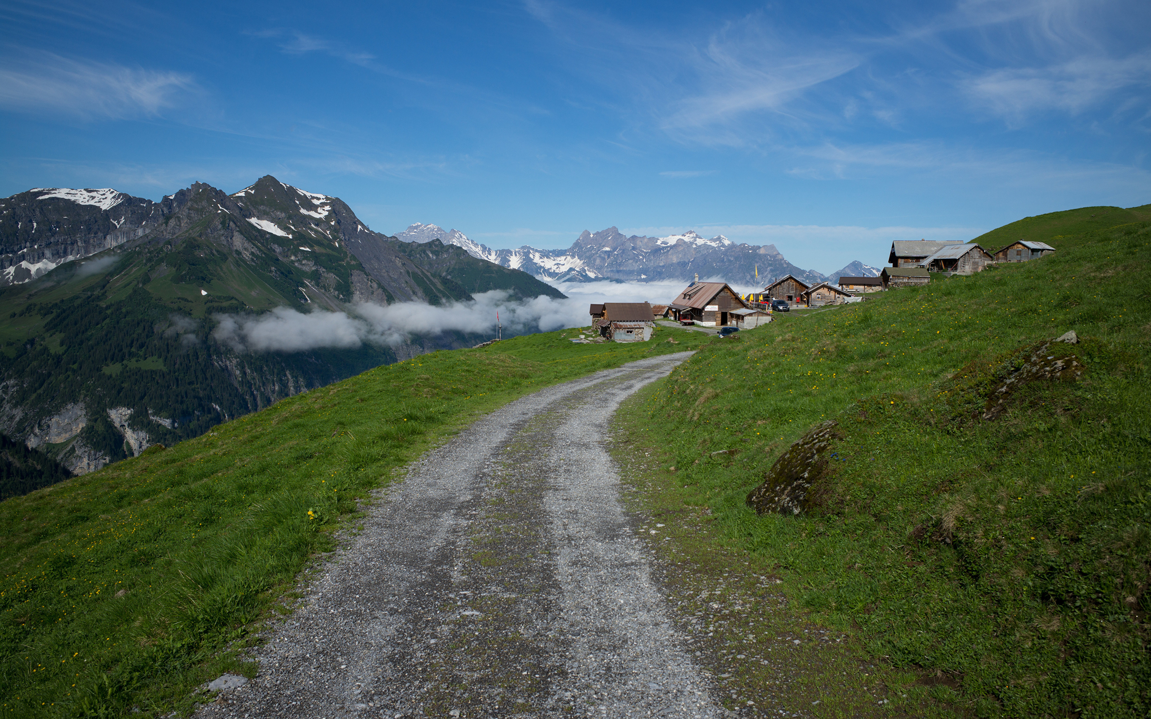 Фотография Альпы Швейцария Heidmanegg гора Природа Дороги Здания 3840x2400 альп Горы Дома