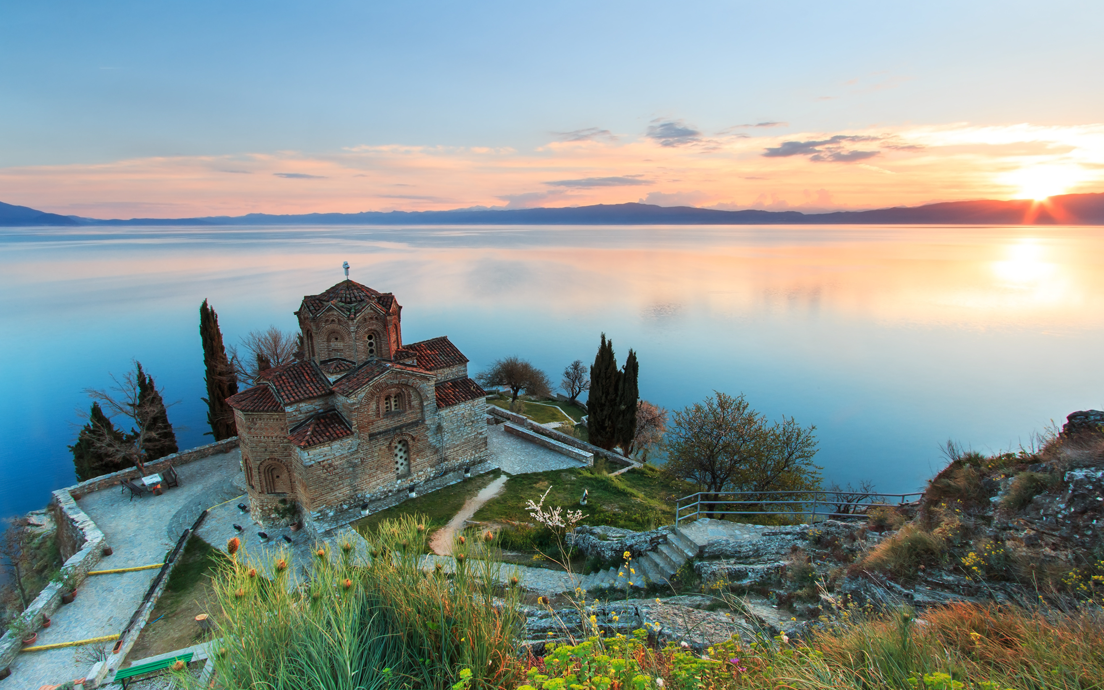 Фото Церковь St. john's Church, North Macedonia, Lake Ohrid Природа Озеро рассвет и закат Сверху Горизонт 3840x2400 Рассветы и закаты горизонта