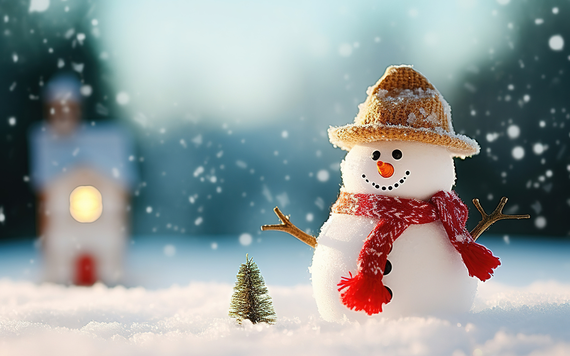 Фотография Новый год боке Снег Снеговики 1920x1200 Рождество Размытый фон снега снегу снеге снеговик снеговика