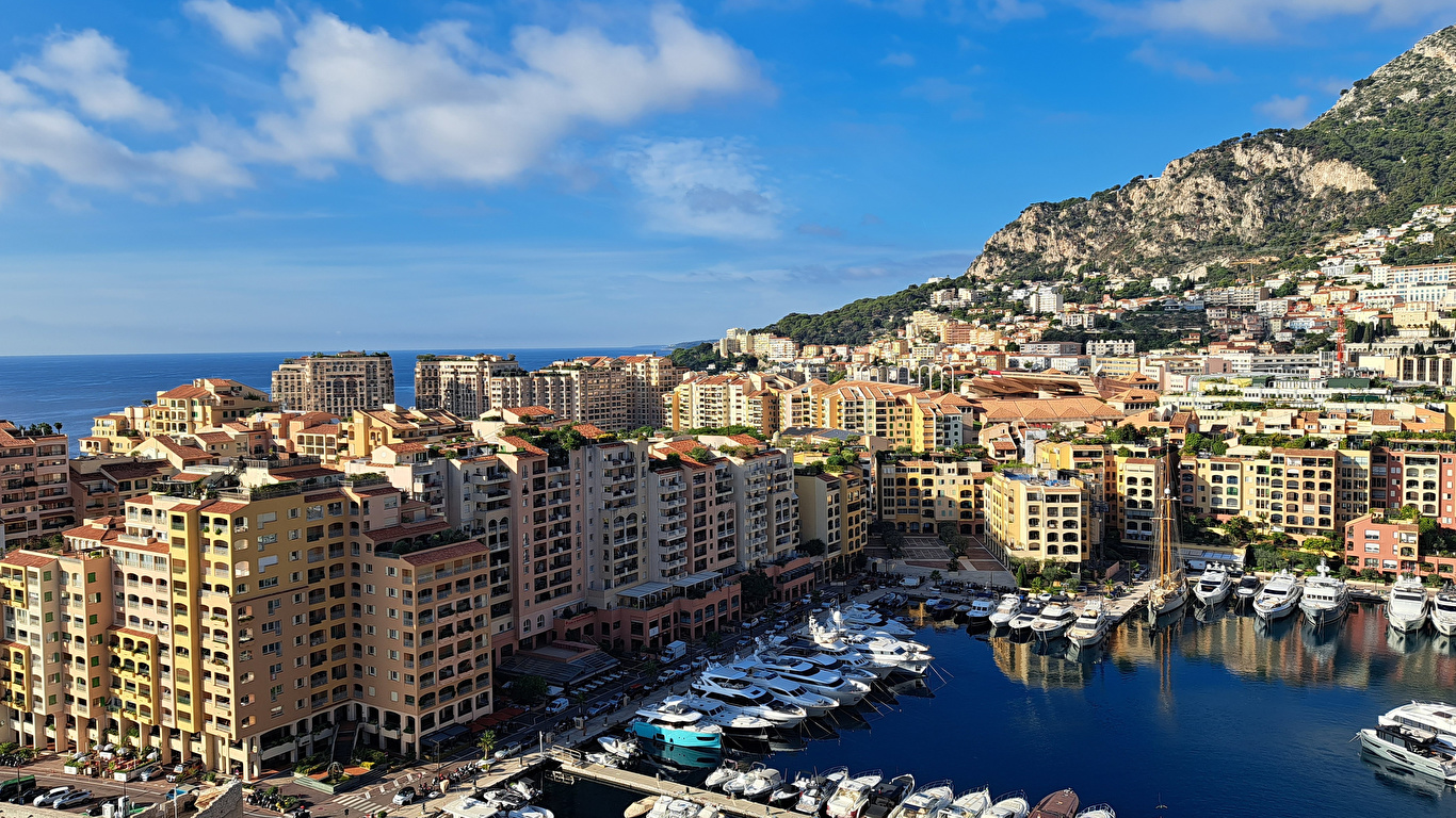 Фотография Монако Море Пристань Дома город 1366x768 Пирсы Причалы Здания Города