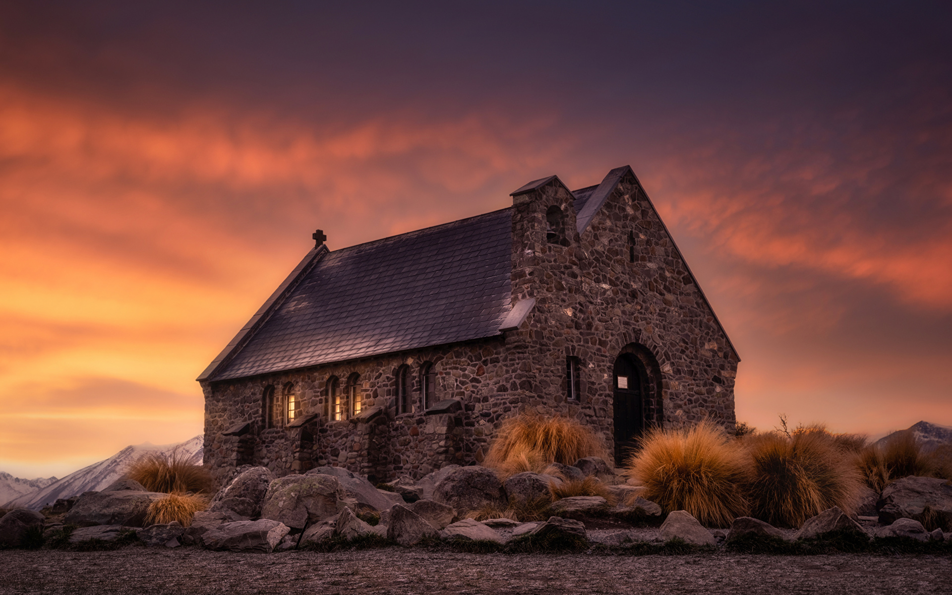 Фотография Церковь Новая Зеландия Good Shepherd Природа Вечер старые Каменные 1920x1200 старая Старый из камня