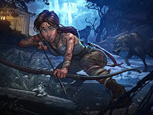 Фотография Лучники Волк Tomb Raider 2013 Лара Крофт Стрела Луком Definitive Edition Patrick Brown Игры Девушки