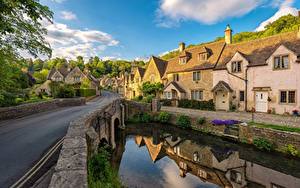 Фотография Англия Здания Речка Мост Wiltshire, Castle Combe, Cotswolds Природа