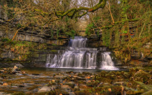 Картинки Англия Водопады Осень Камень Мох HDRI Cotter Force Cotterdale Cumbria Природа